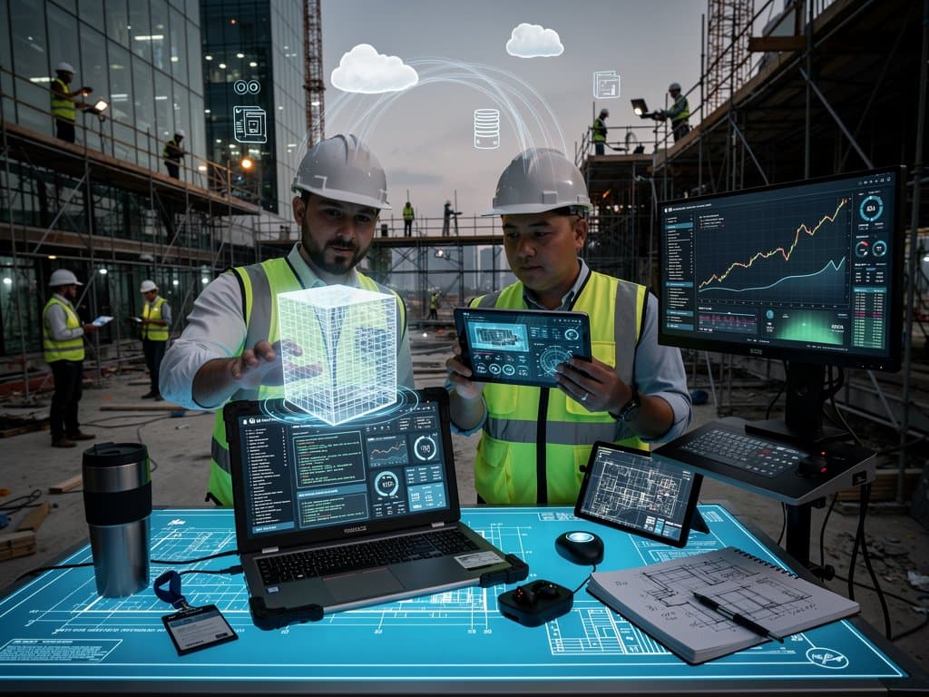 Construction team uses UpCodes tablet on job site with cloud BIM overlays and subtle BTC chart