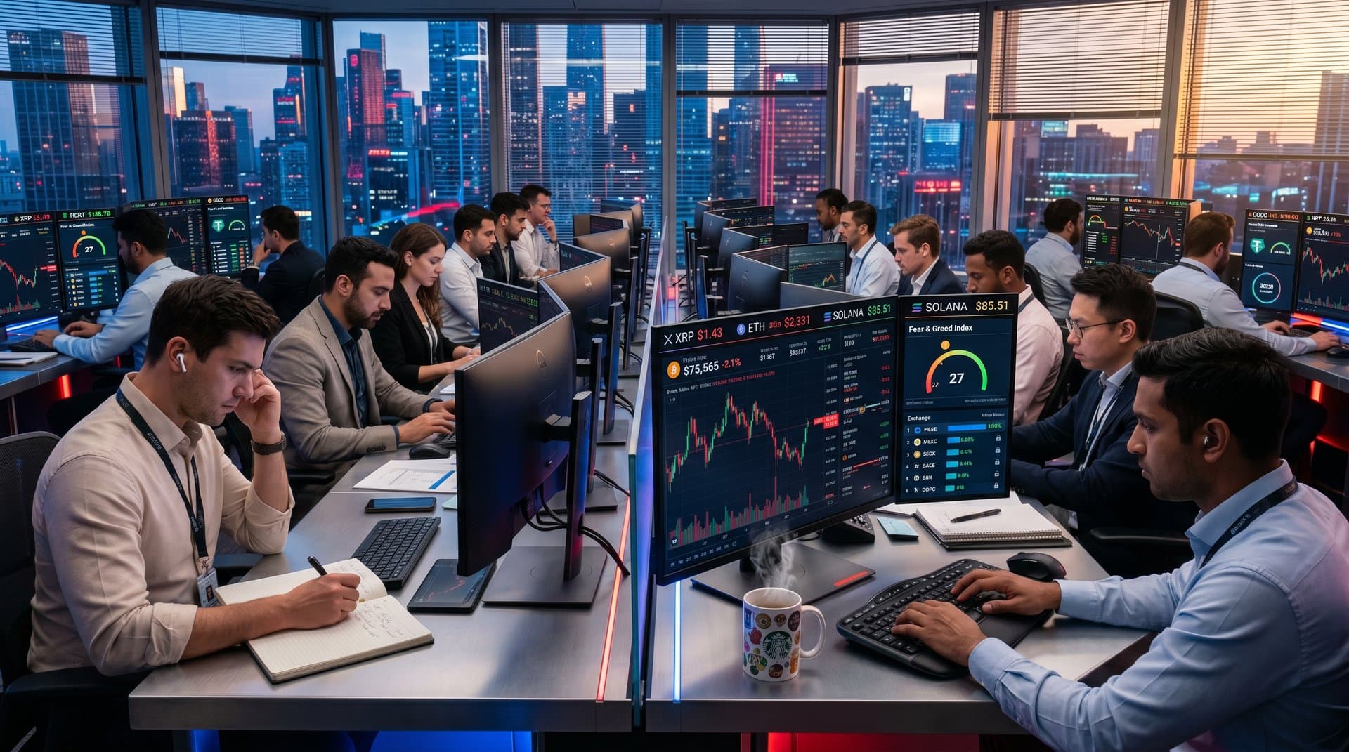 Traders monitor crypto price drops and Fear & Greed Index on modern trading floor screens