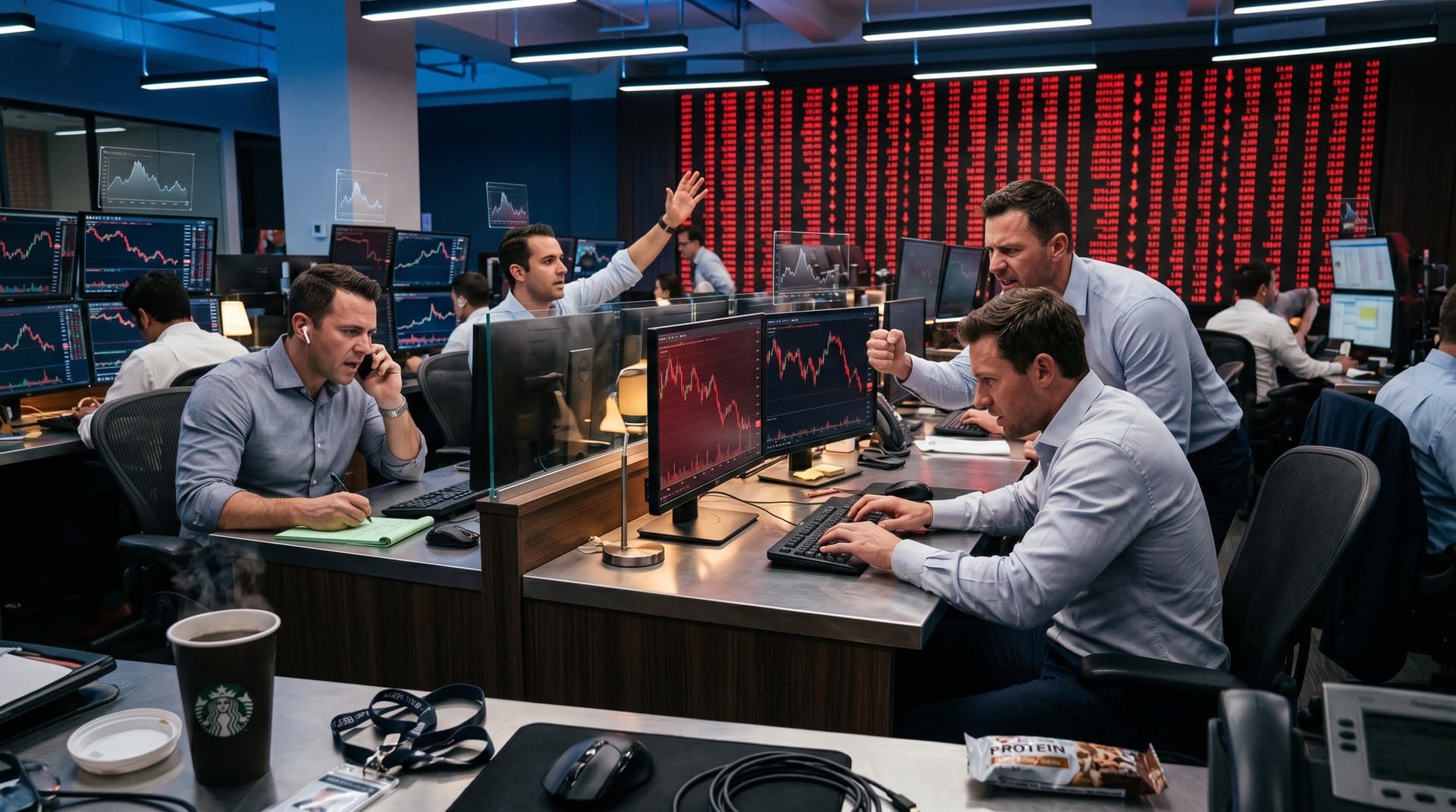 Crypto trading screens showing Cardano ADA price drop to $0.25 amid red volatility charts in modern financial hub