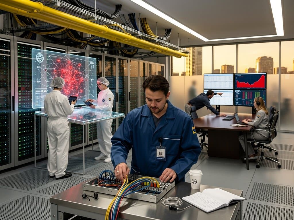 Engineers in anti-static suits monitor blockchain security dashboards and server racks in a high-security Tier IV data center with crypto charts on screens