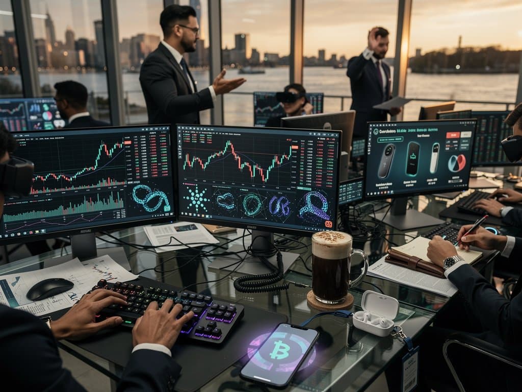 Crypto traders monitor Cardano ADA charts dropping to $0.25 on multi-monitor setups with IoT gadgets, mechanical keyboards, and modern trading desk