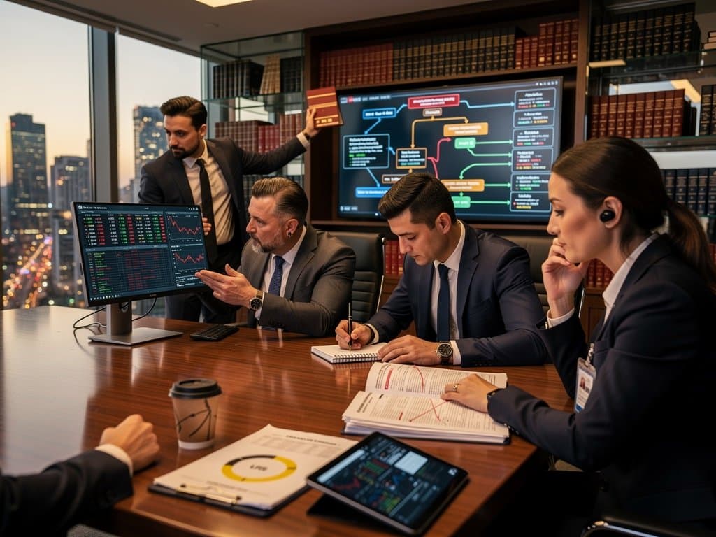 Modern conference room with SEC filings, crypto charts on Bloomberg Terminals, and legal documents evoking fintech securities class action