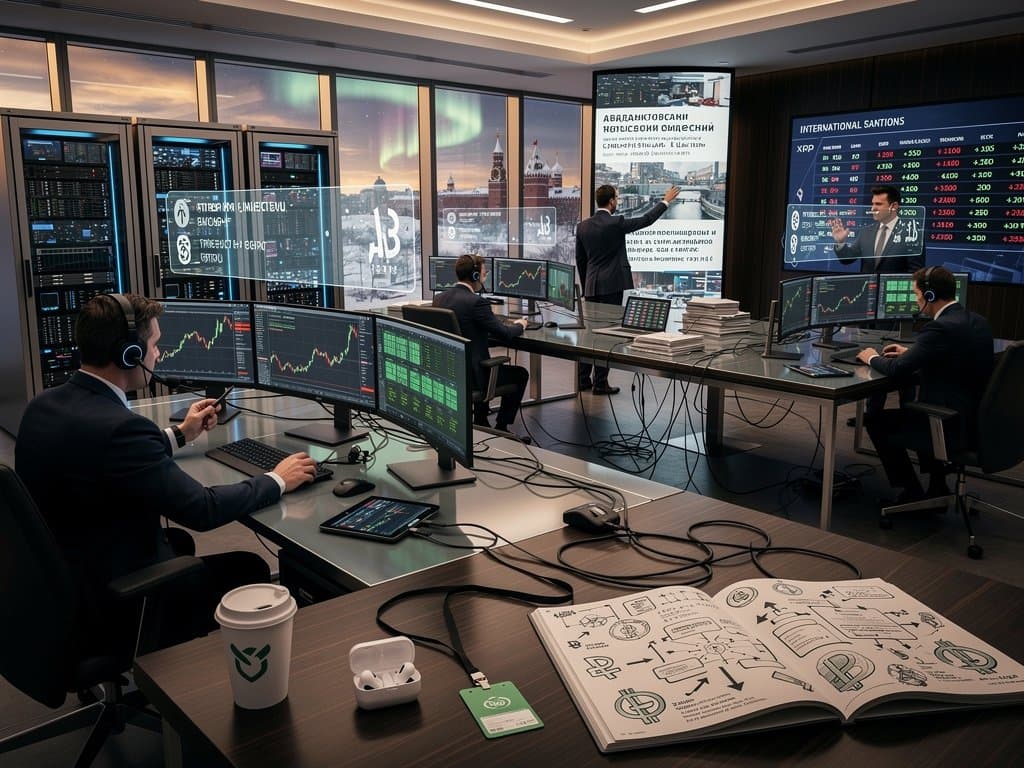 Traders at Sberbank's modern Moscow trading hall monitor crypto charts on multi-screen setups amid glass walls and LED lighting