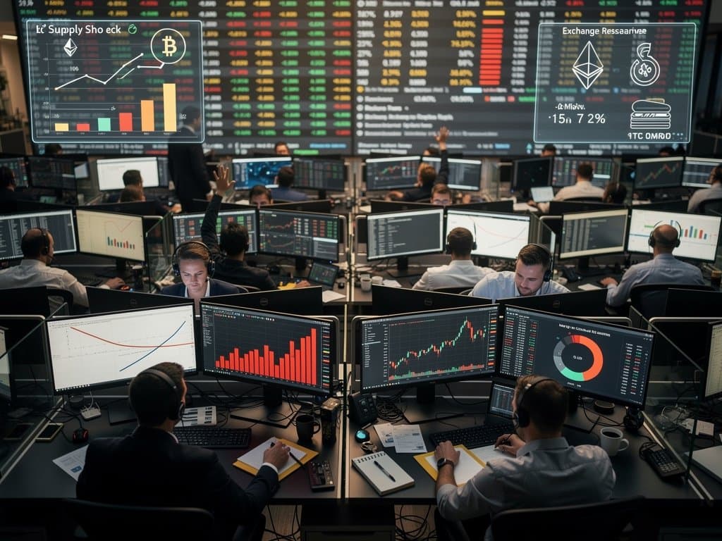 Futuristic trading floor screens displaying BTC at $75,610, ETH charts, Fear & Greed at 27, halving graphs under blue LED lights