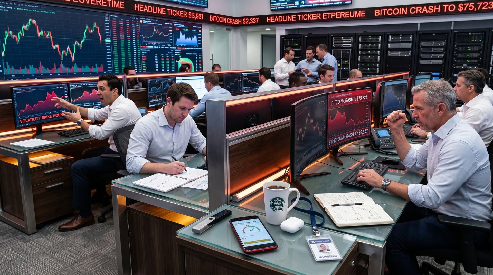 Trading screens show Bitcoin dips to $75,723 and crypto charts amid Iran-Israel headlines, hardware wallet on desk