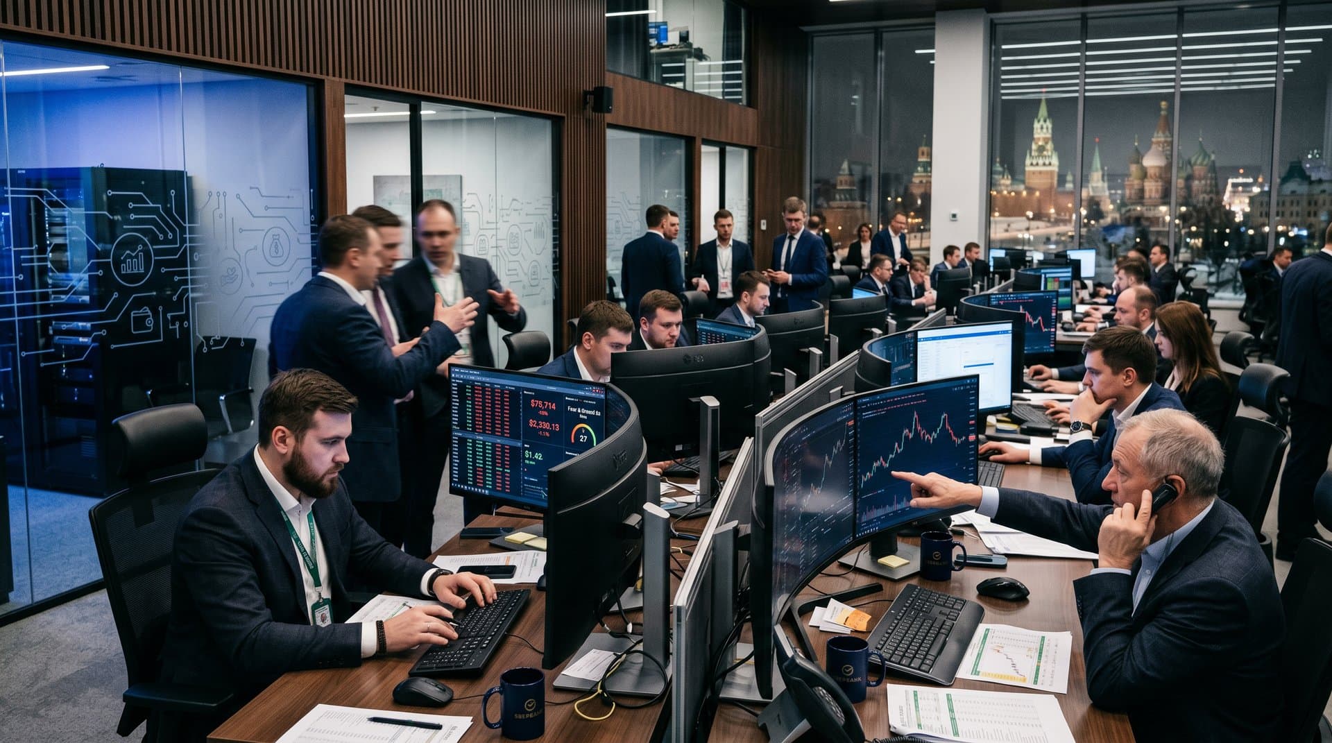 Futuristic Sberbank cryptocurrency trading desk showing BTC at $75,714, Fear & Greed at 27, and crypto charts with Moscow skyline