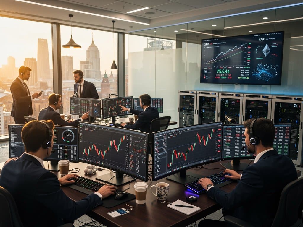Dynamic trading floor screens display Bitcoin at $75k charts, Fear & Greed Index 27, and Moscow skyline in modern finance hub