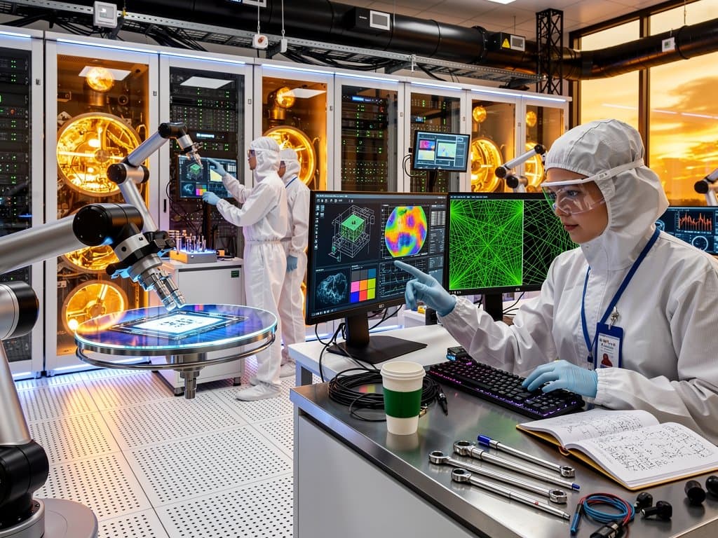 Cleanroom scene with photonic wafer prober displaying laser patterns amid data center equipment and glowing chambers