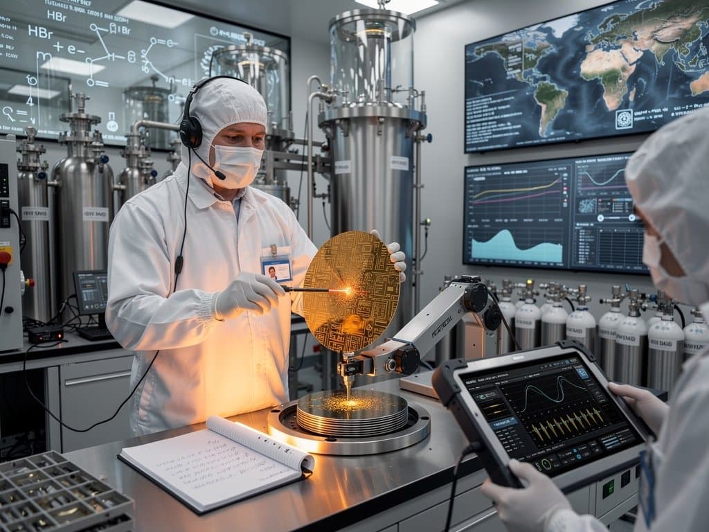 Cleanroom etching station with silicon wafer and HBr gas controls in semiconductor fab amid bromine supply risks