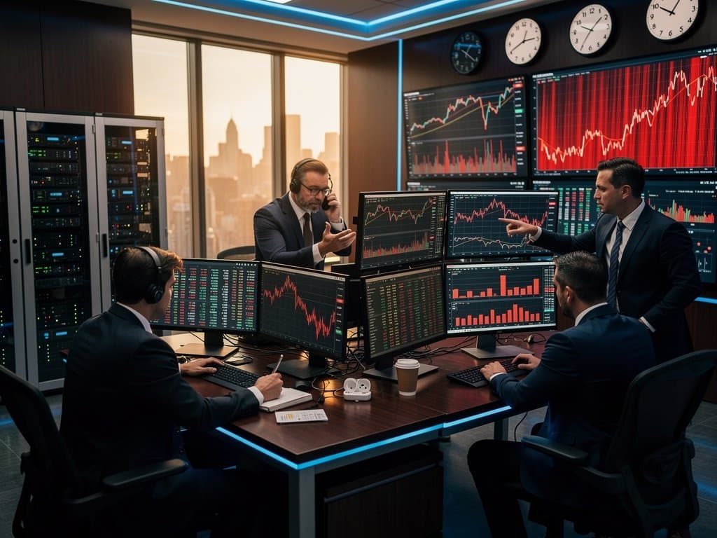 Abstract trading floor screens showing Ethereum price drop to $2,283 with macro indicators and market charts