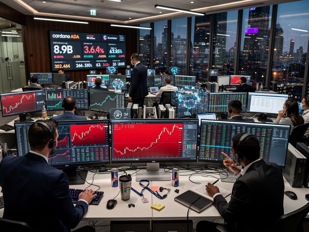 Traders monitor red ADA charts on screens in a bustling financial trading floor with city skyline view