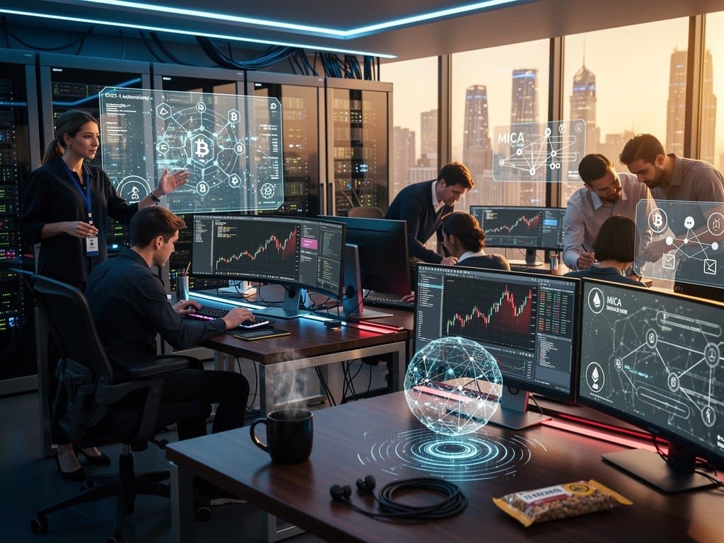 Fintech trading floor showing Claude Opus system prompt interfaces, code, and declining crypto charts