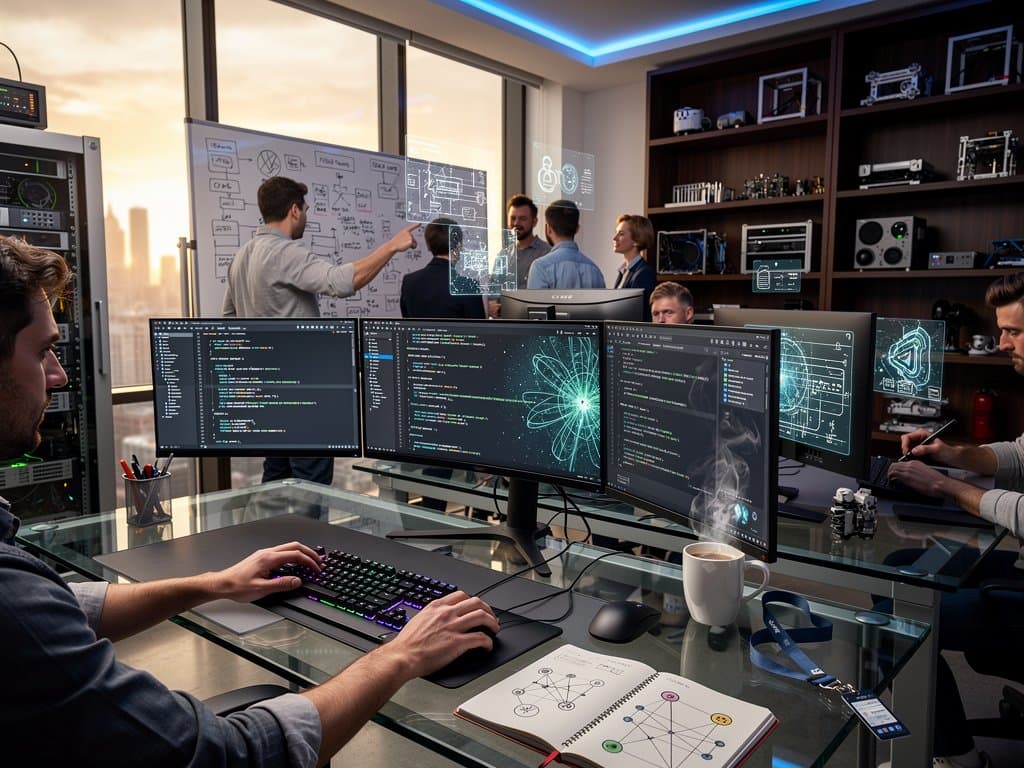 Modern developer workspace with monitors showing Cursor AI code editor, autocomplete, and neural visuals in innovative office setting