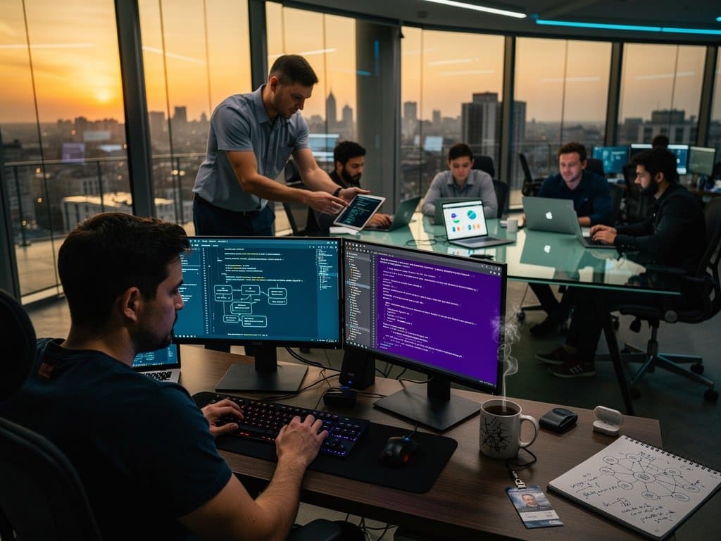 AI coding workspace with developers at desks displaying Cursor interface on monitors, collaborative team table, and server racks in innovative office