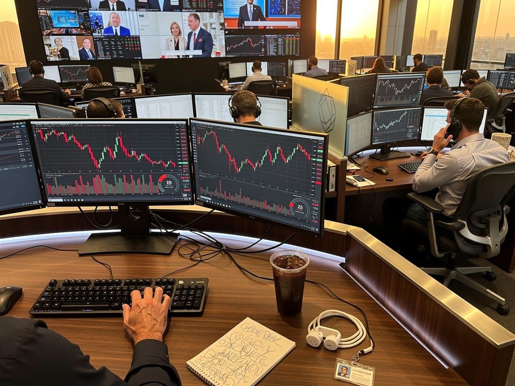 Trading floor with Bitcoin price charts at $74,569 USD, Fear & Greed at 29, and Globe and Mail buy signals