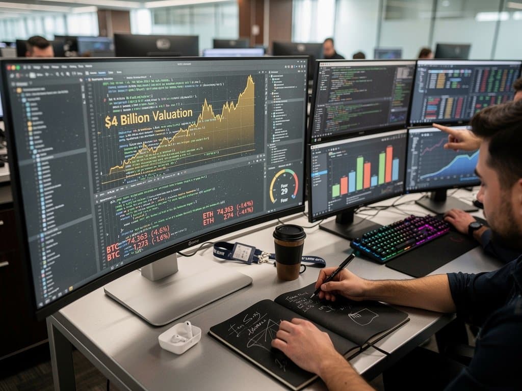 Abstract AI code generation on glowing monitors with valuation charts and crypto tickers in modern tech lab setting