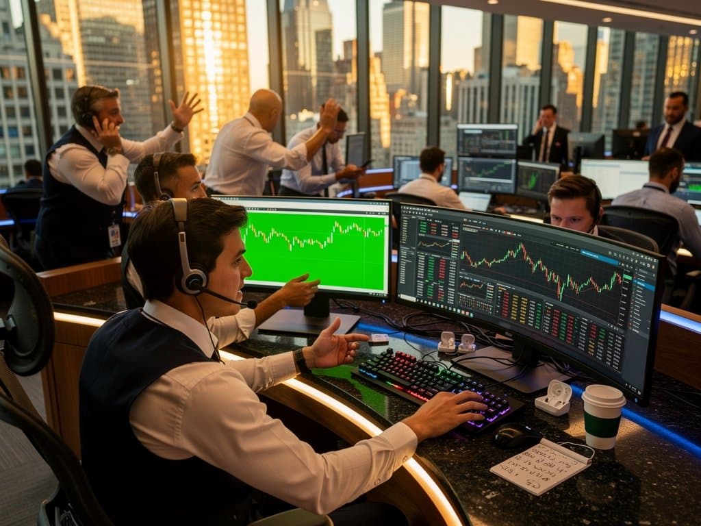 High-tech trading desk with crypto charts on multiple monitors, gadgets, and alerts in sunlit office