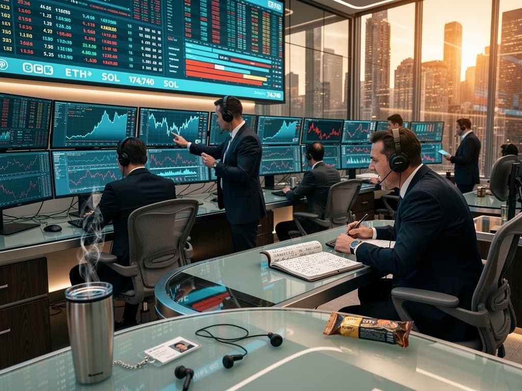 Trading floor with Bloomberg terminals showing BTC at $74K and ETH charts amid market fear