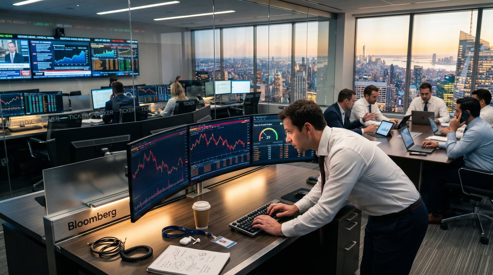 Trader analyzing BTC and ETH charts on multi-monitors on busy trading floor with Fear & Greed Index and city skyline view