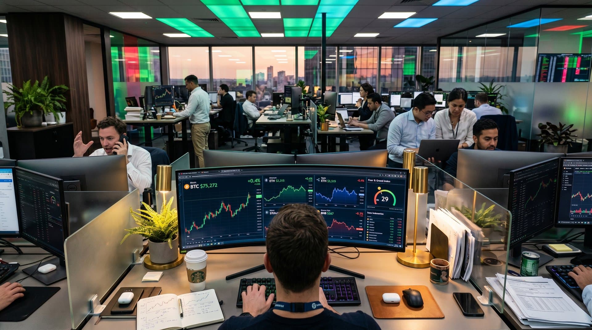 Trading desk screens showing Bitcoin at $75K and Ethereum prices with Fear & Greed Index in modern finance office