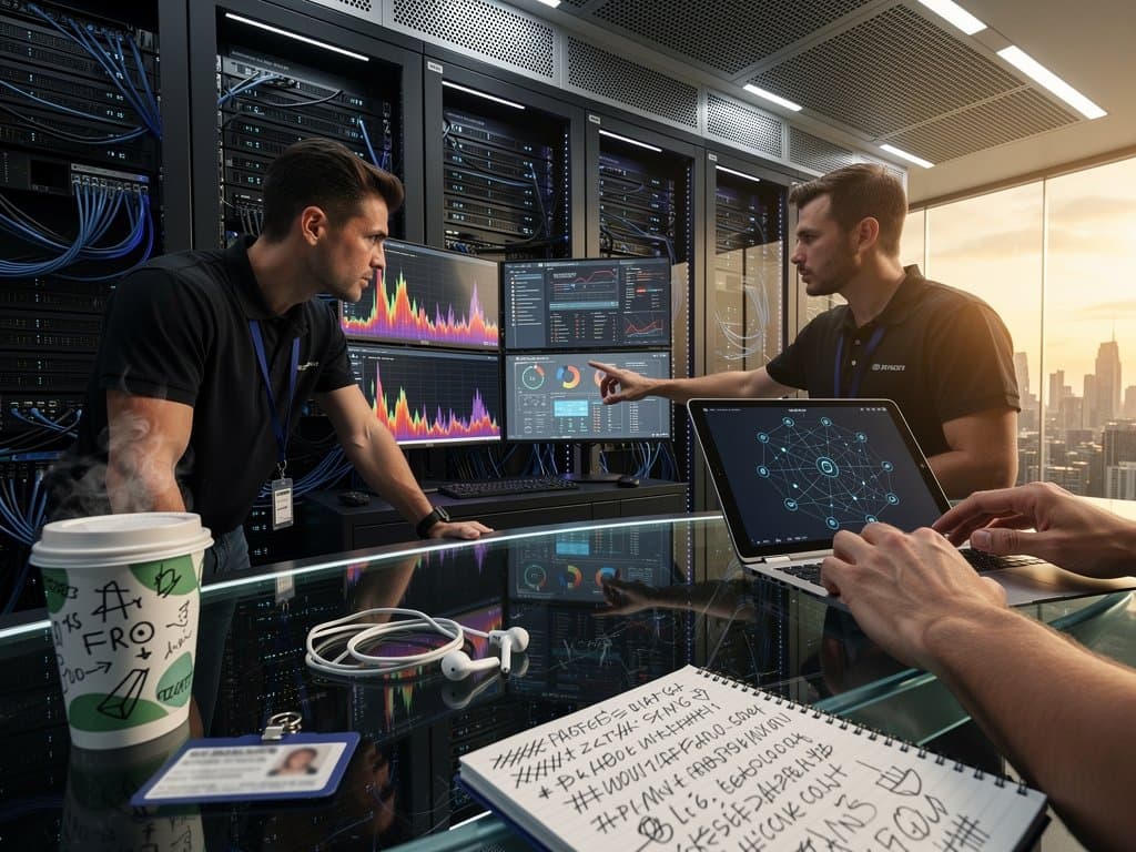 Engineers monitor blockchain ledger syncs and cloud metrics in a high-tech data center