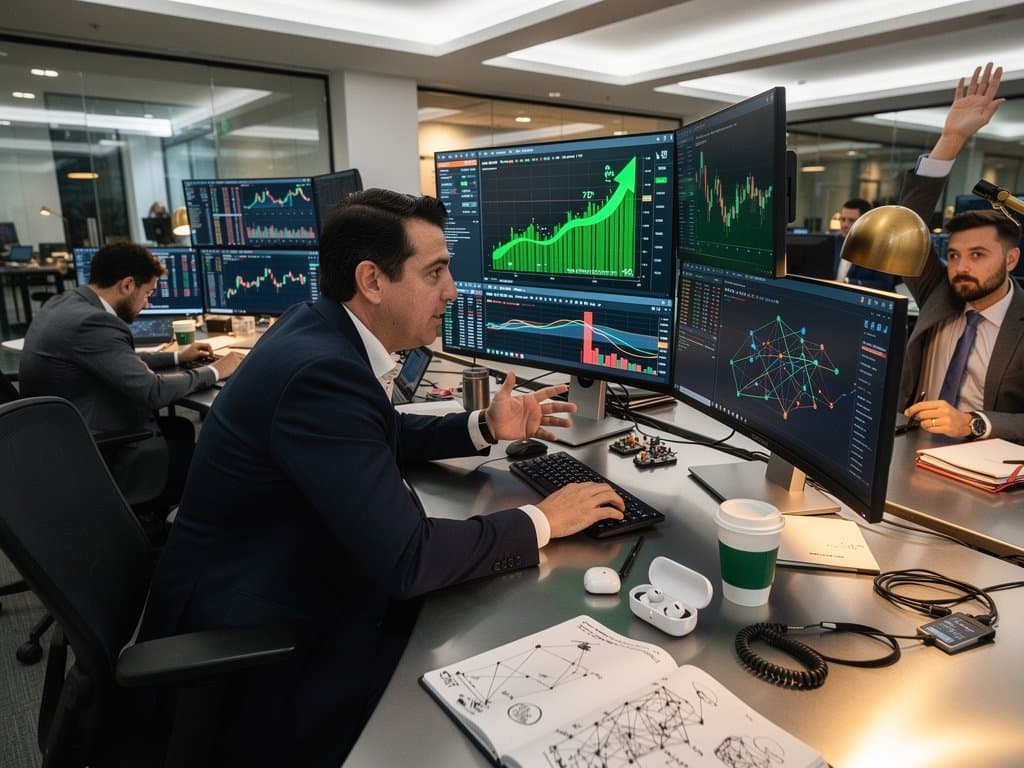 Dynamic trading floor with charts and professionals analyzing Canton CC blockchain market surge