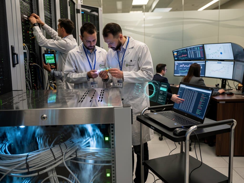 Engineers monitor server racks and blockchain dashboards in a high-security Tier IV data center with glowing monitors and cooling vents
