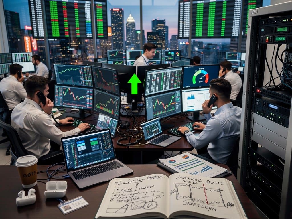 Trading desks with Bitcoin $76K charts, Fear & Greed at 29, multi-monitors and skyline view