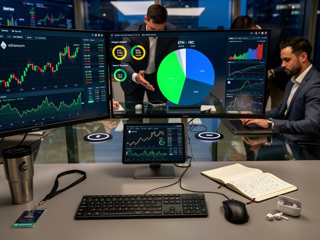 Fintech traders monitor Ethereum price charts at $2,332 on trading floor screens amid stablecoin data and Fear & Greed Index