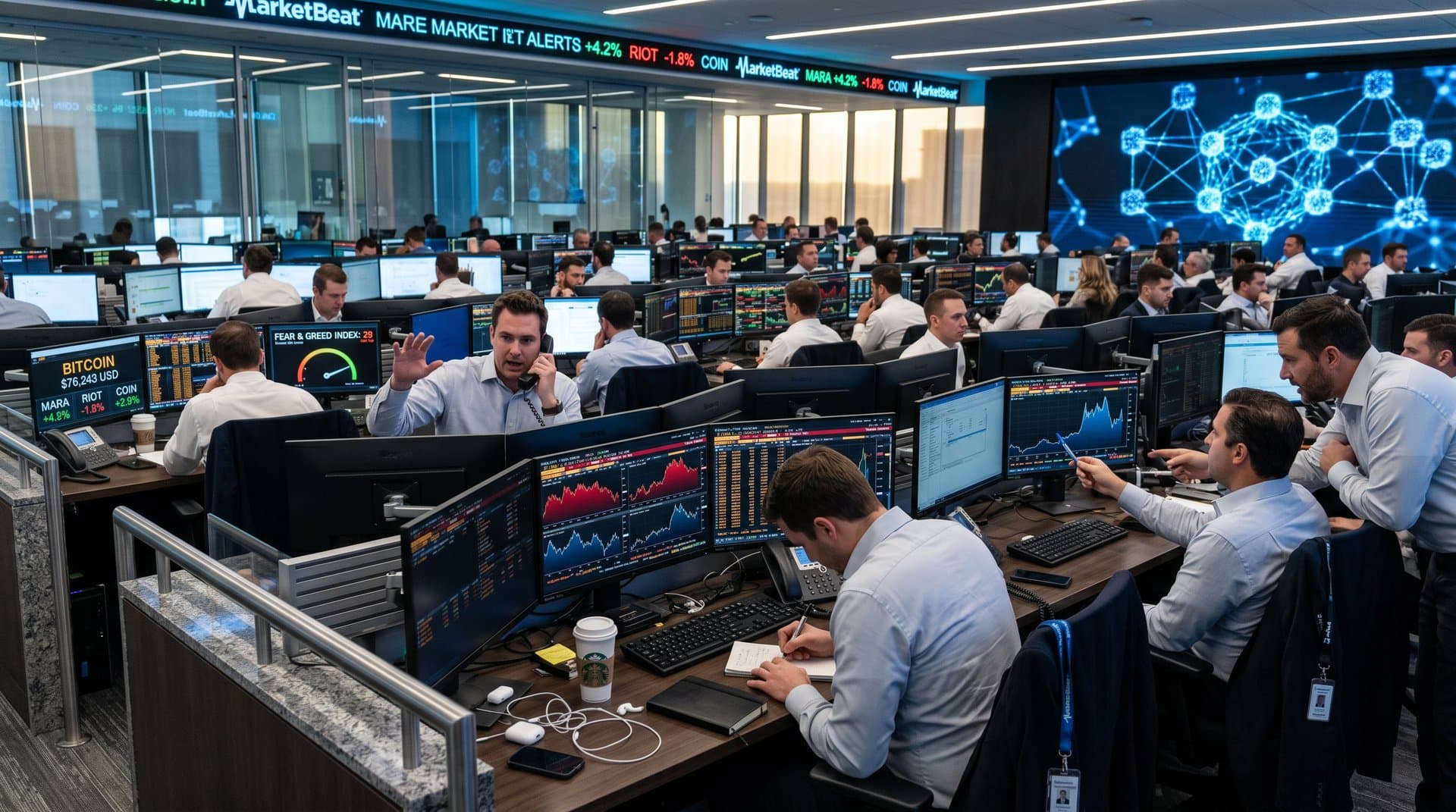 Trading terminals display BTC at $76K, Fear & Greed 29, crypto stocks amid modern floor design