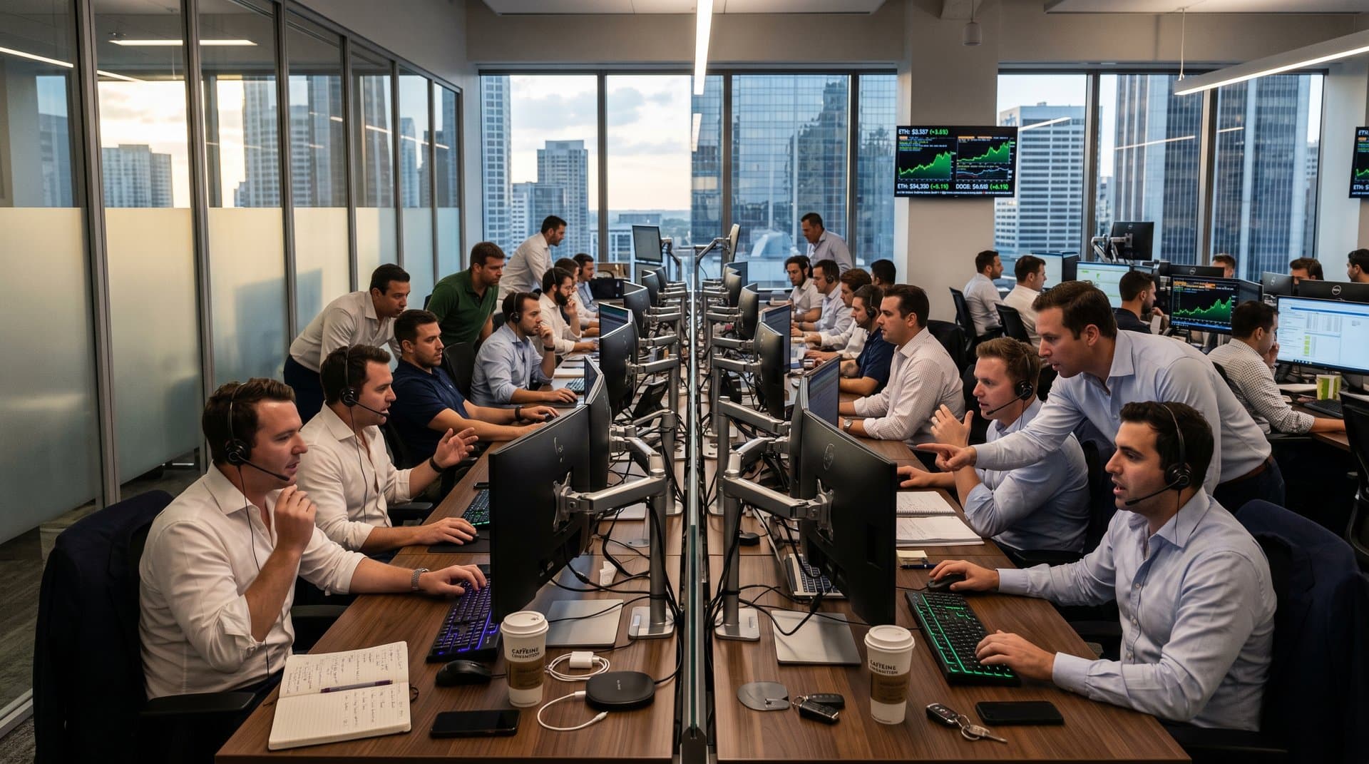 Modern trading floor with Bloomberg terminals displaying rising ETH and BTC charts, coffee cups, and multi-monitor setups overlooking skyline
