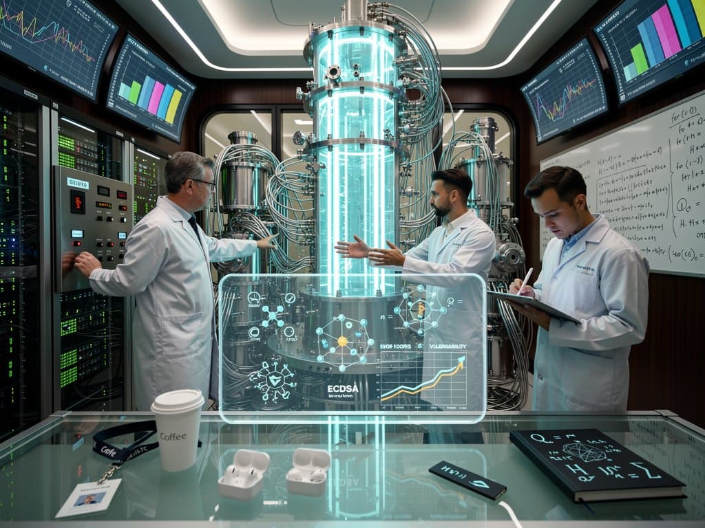 Quantum computing lab featuring holographic qubit arrays and Bitcoin blockchain security visualizations in a high-tech environment