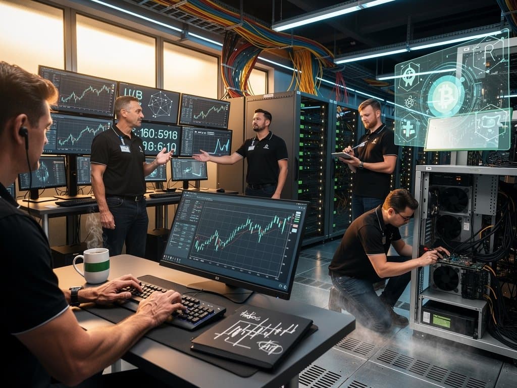 High-tech Tier IV data center with server racks, hash rate monitors, and blockchain visuals under LED lights