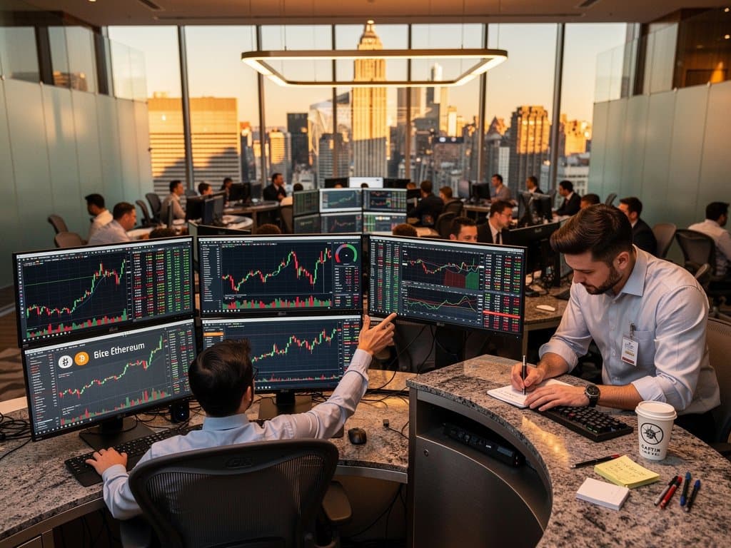 Trading screens displaying BTC $75,903, ETH $2,318, Fear & Greed 33, Iran news amid market rebound charts