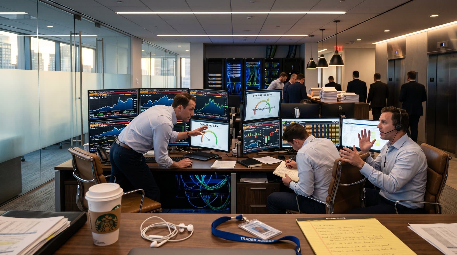 Trading floor with Bloomberg terminals showing BTC at $75,786, crypto stocks, MarketBeat picks, and Fear & Greed at 33 under modern LED lights