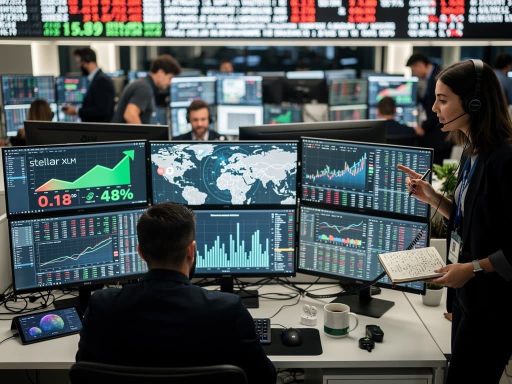Trading screens display Stellar XLM price surge to $0.18 amid remittance graphs from emerging markets on modern desk with gadgets