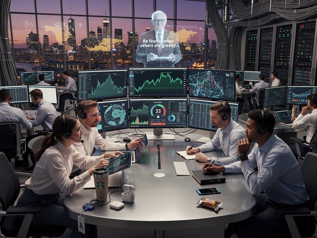 Traders on a bustling floor analyze rising AI stock charts for Microsoft, Alphabet, IBM amid Fear & Greed Index at 33