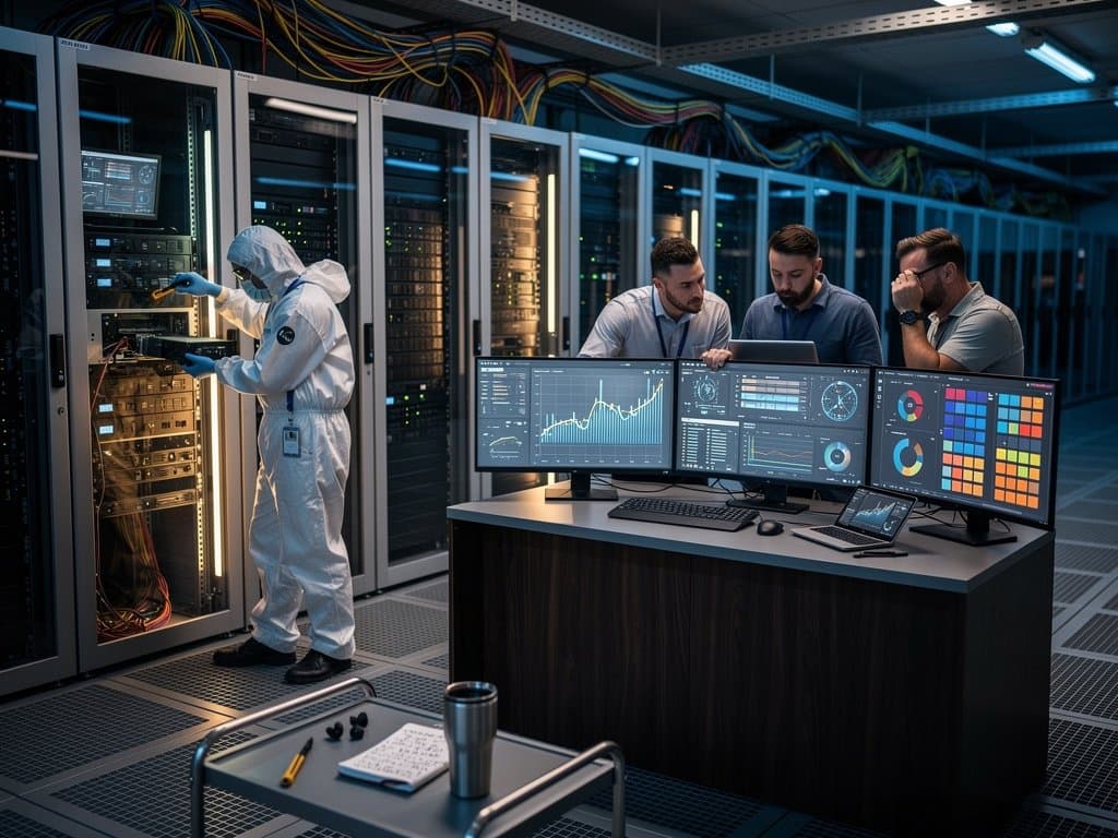 Technicians adjust AI server racks in a high-security Tier IV data center with glowing monitors and raised floor tiles amid dense equipment arrays